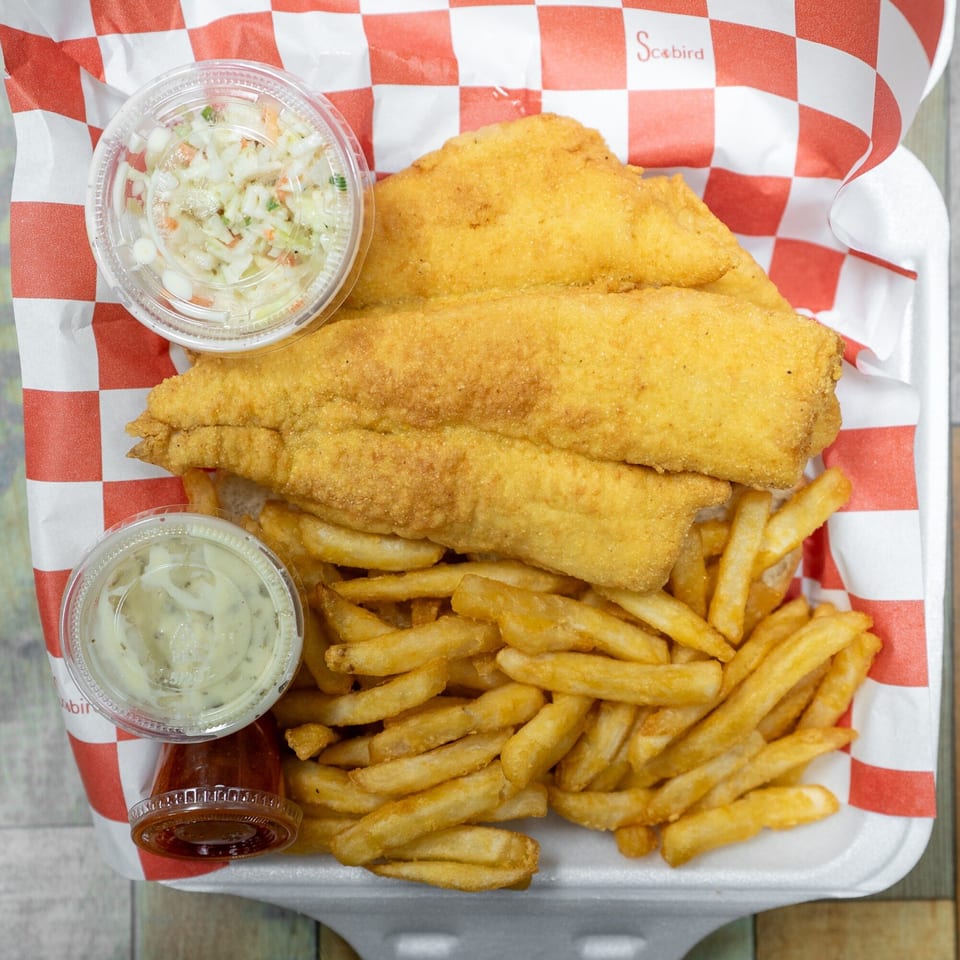 Fried fish fillets, french fries, coleslaw, and tartar sauce in a takeout container with red checkered paper.
